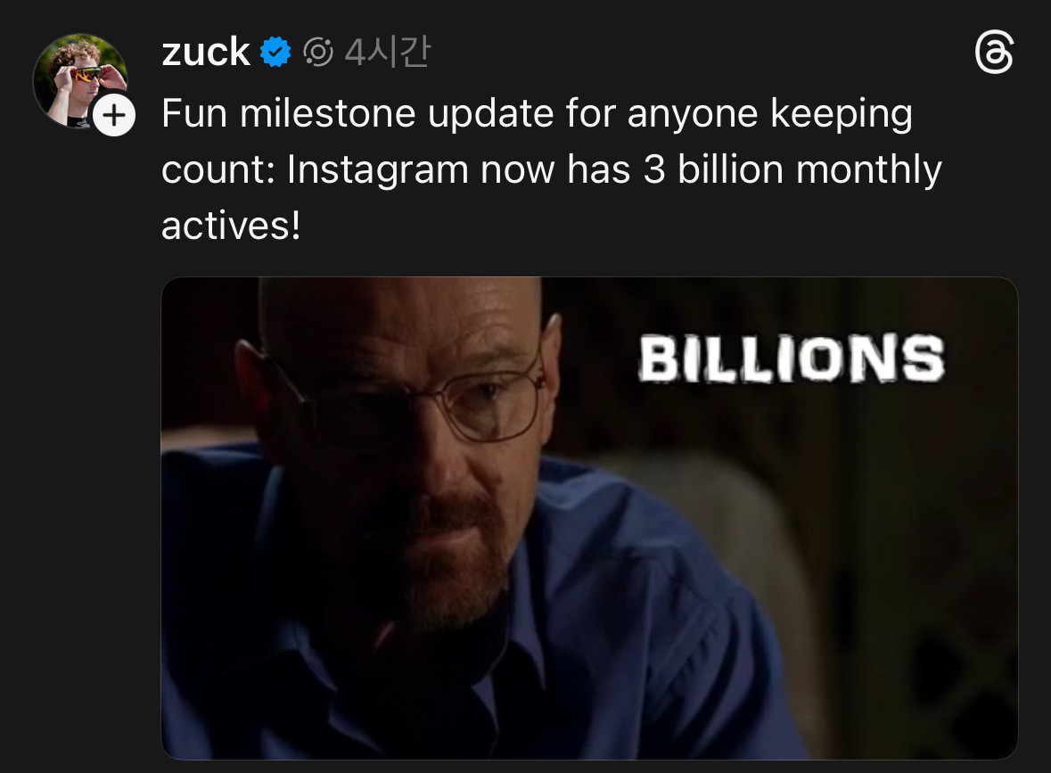 인스타그램 월간 활성 사용자 30억명 돌파…20억명 돌파 후 3년 만