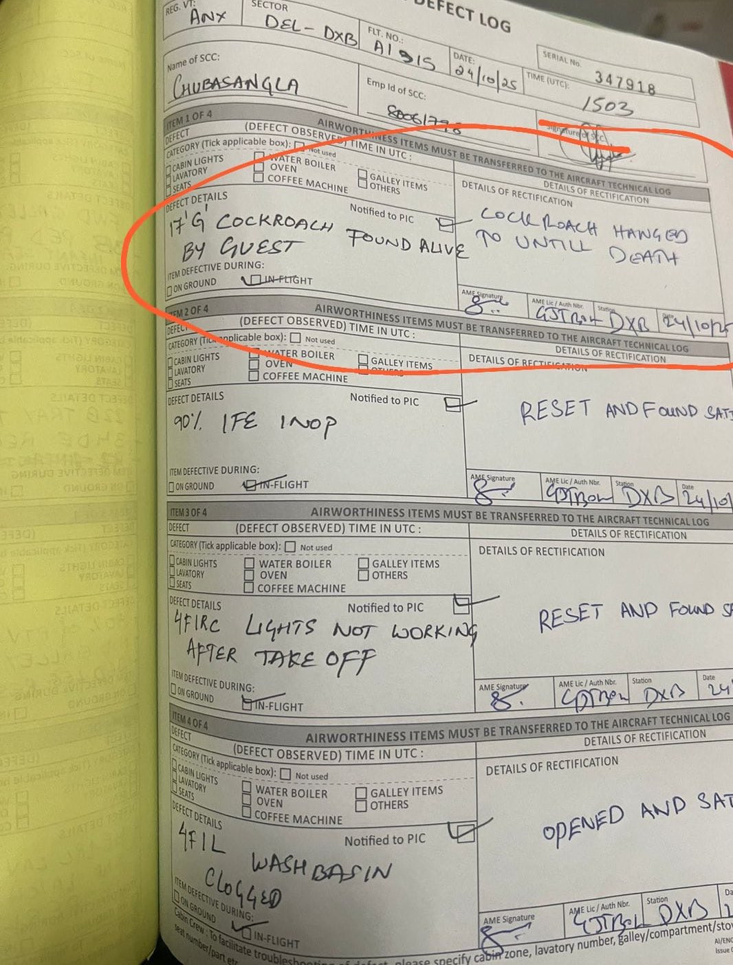 "기내 바퀴벌레, 교수형에 처한다"…에어인디아 비행 일지에 '폭소'