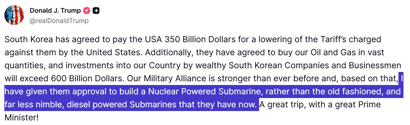 트럼프 "한국 핵추진 잠수함 건조 승인"