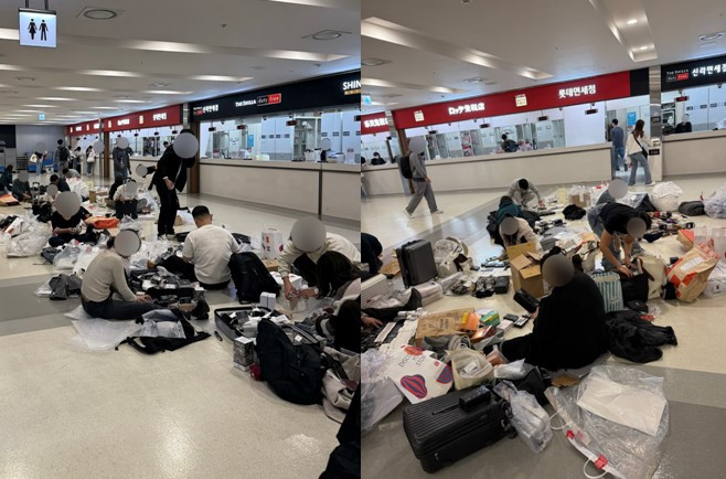 공항 바닥에 앉아 면세품 정리하는 관광객들…통로 마비에 외국인도 '쯧쯧'