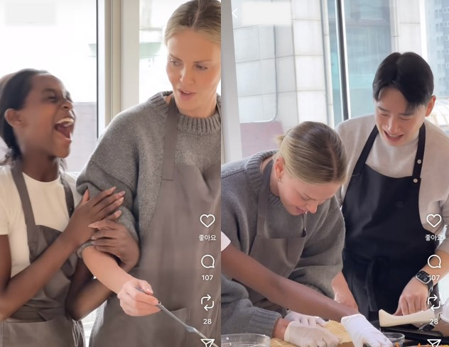 '한국 여행' 샤를리즈 테론, 딸과 김밥 말며 어깨춤…"잊을 수 없는 순간"