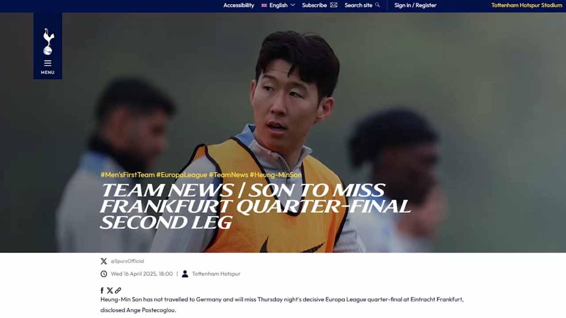 '고통 참아왔다'…손흥민, 발 부상으로 유로파리그 2차전 결장