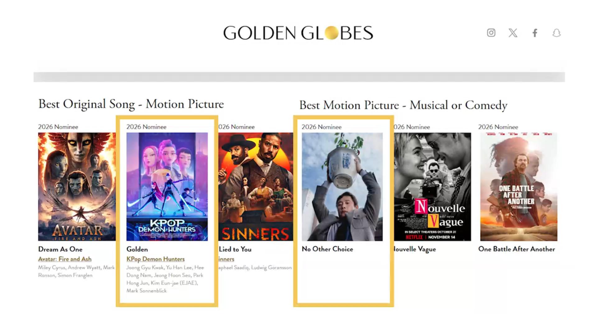 케데헌·어쩔수가없다, 美 골든글로브 후보