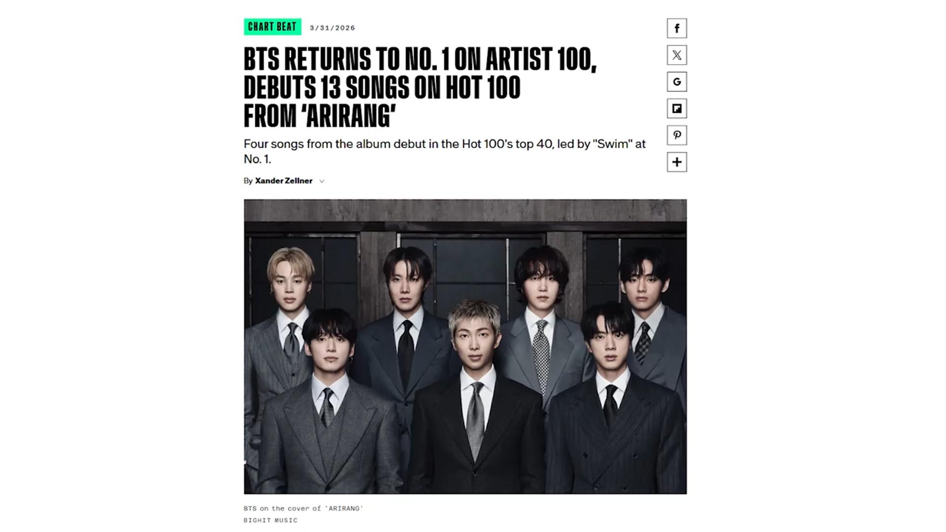 방탄소년단 '아리랑' 13곡 빌보드 차트 진입