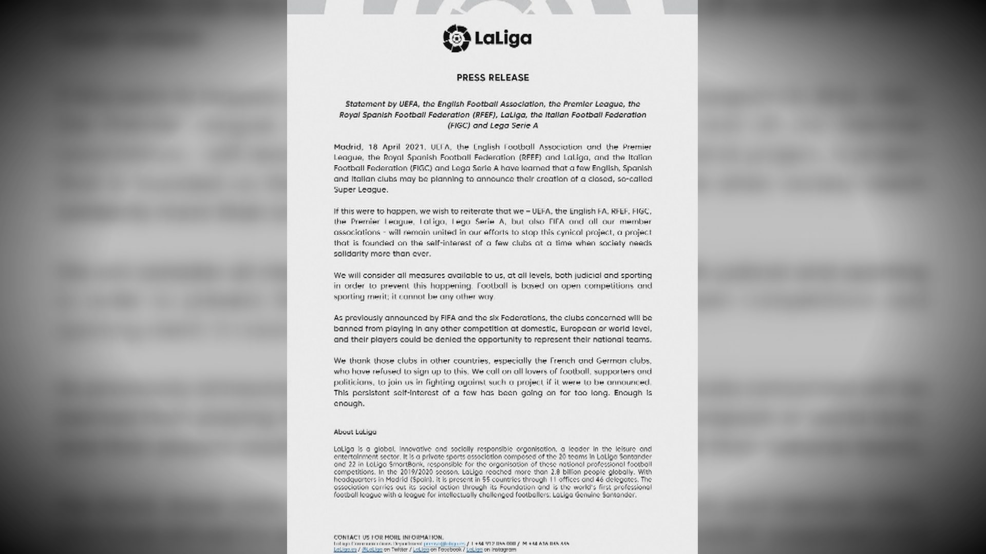 유럽 슈퍼리그 출범 선언…UEFA 강경 대응 등 '축구계 발칵'